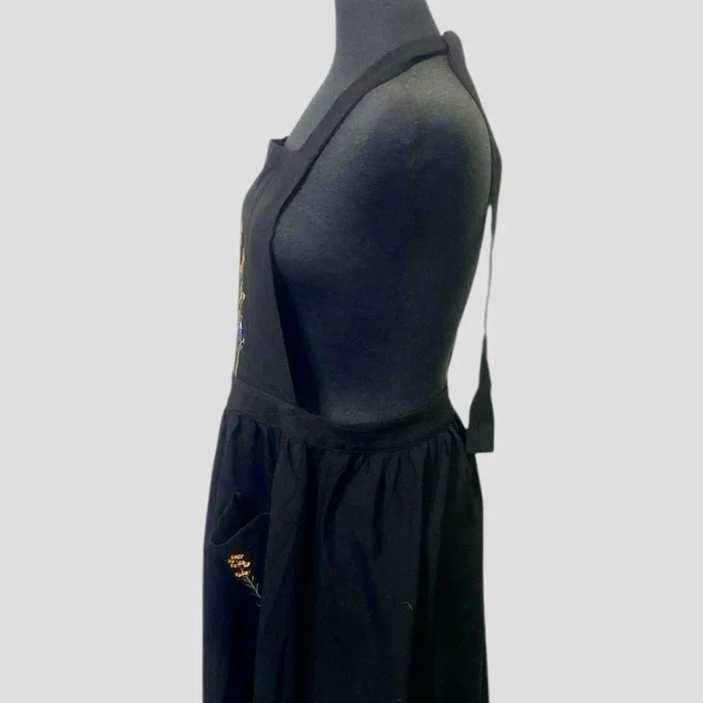 Black Embroidered Apron Midi Dress | Cottagecore Folk Floral | Size L - Picture 5 of 8